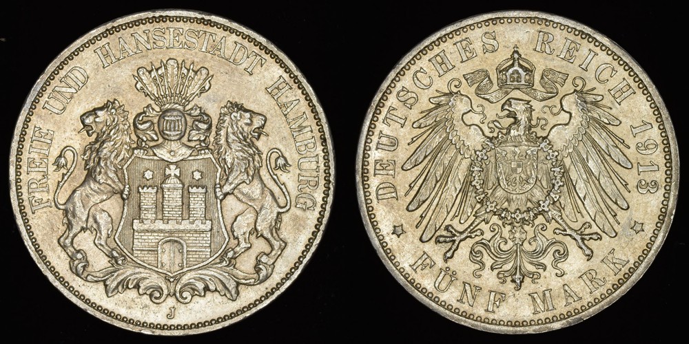German Empire Hamburg 5 Mark 1913 J