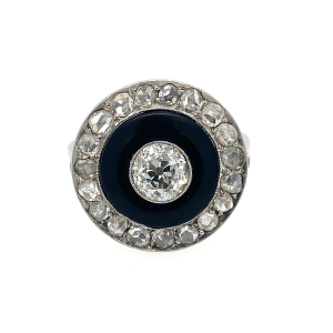 Prsten s diamanty a onyxem | Art deco | platina | Československo 1920
