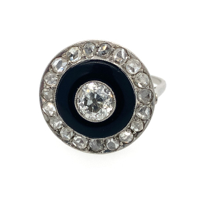Prsten s diamanty a onyxem | Art deco | platina | Československo 1920