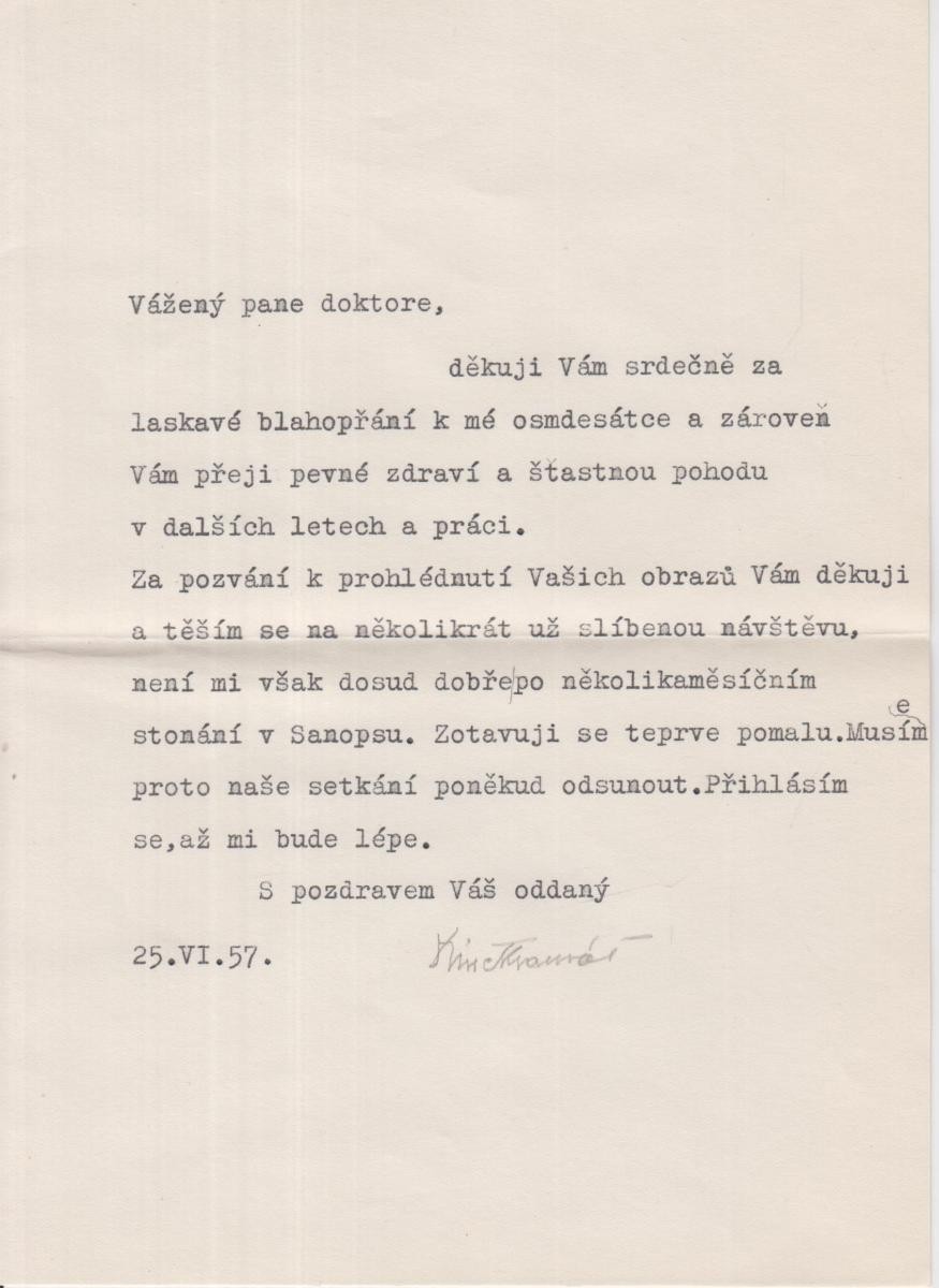 Vincenc Kramář - Dopis s podpisem